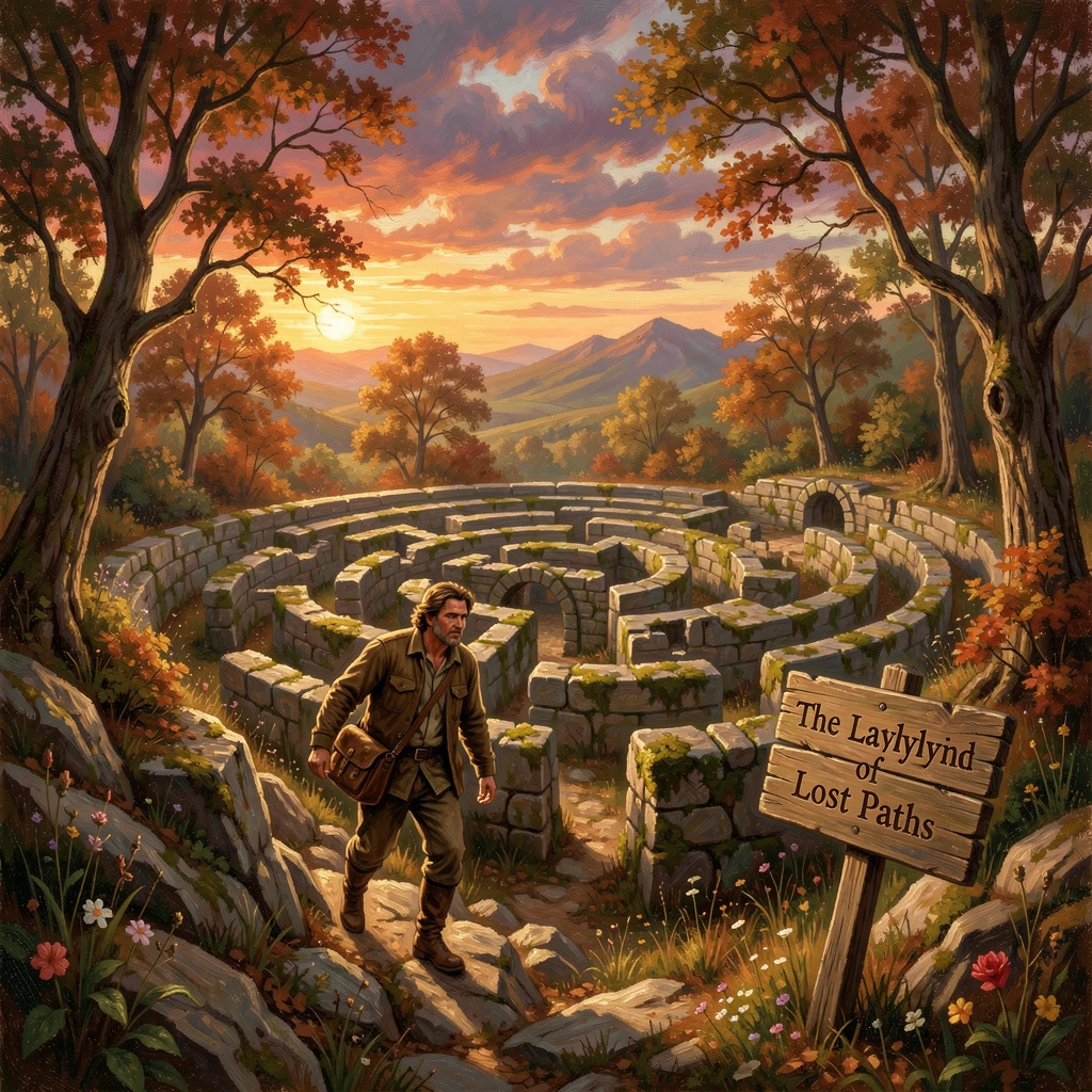 A lone wanderer climbs toward a labyrinth of stone passages as the sun sets over uncharted land.