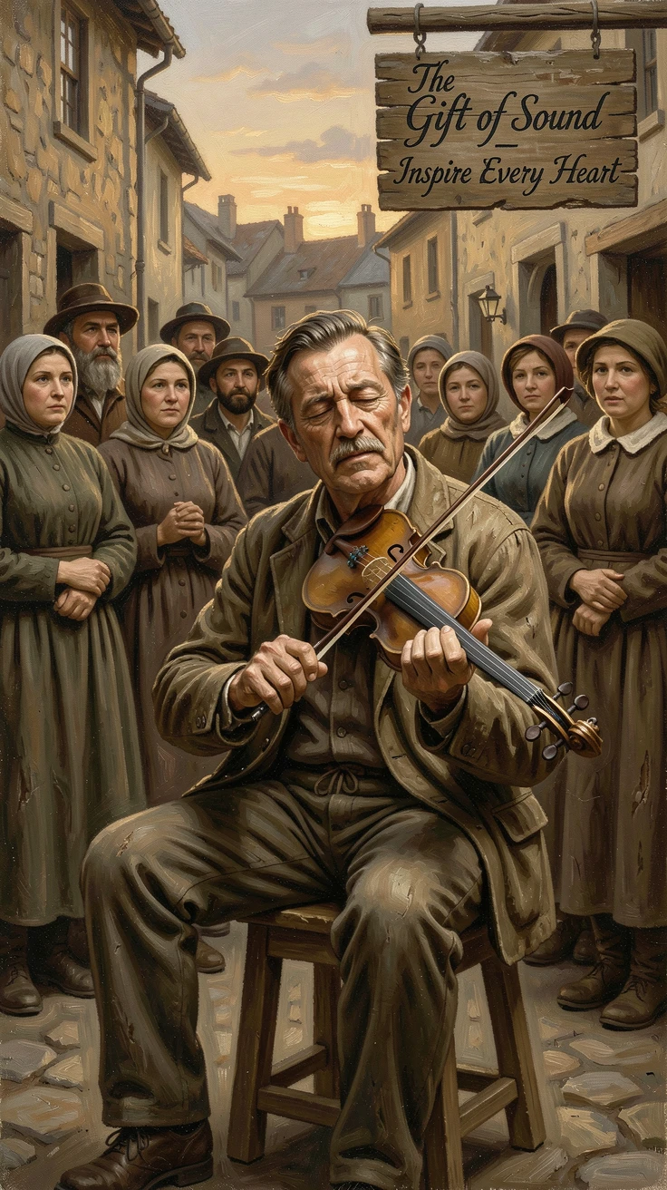 A blind musician performing passionately to a captivated crowd, with hands clasped tightly, conveying connection and support, designed to inspire and uplift anyone who views it