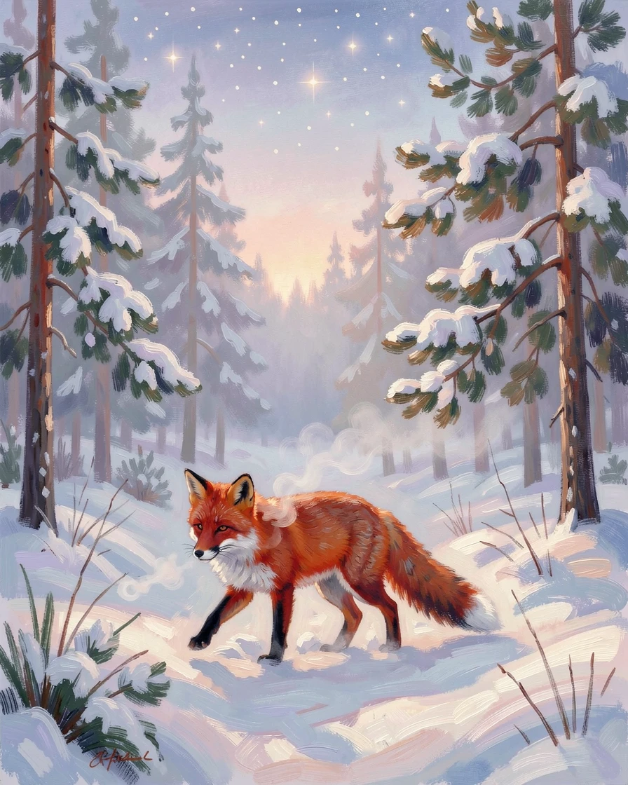 A red fox trotting through a snow-dusted pine forest, breath visible in the cold morning air, under a canopy of stars.