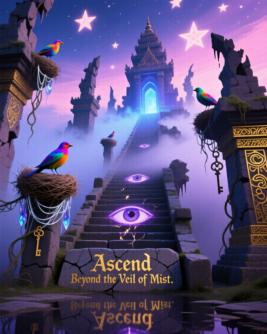 A temple staircase disappearing into thick, glowing fog glows faintly from within as evening settles over it, while birds nest peacefully among its crumbling towers.