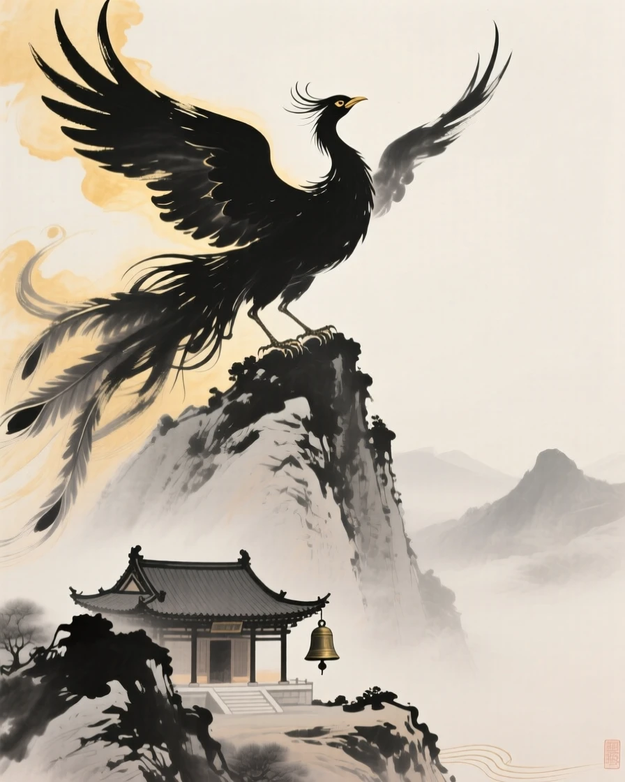 A phoenix rises above a mountain temple bathed in golden light, with distant bells echoing from a mountain temple.