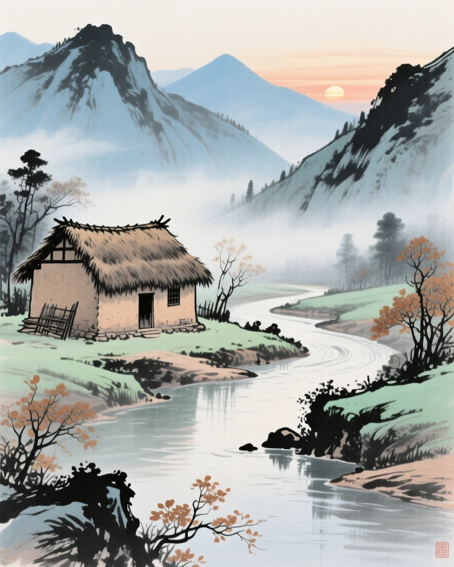 A rustic thatched cottage beside a bend in a mountain stream, filled with tranquil stillness, in the mild days of early winter, in the quiet hour before sunrise.