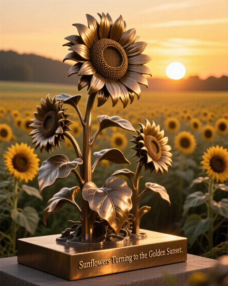 A field of sunflowers turning toward a golden sunset, bathed in the warm hues of golden hour, offering a breathtaking sense of place