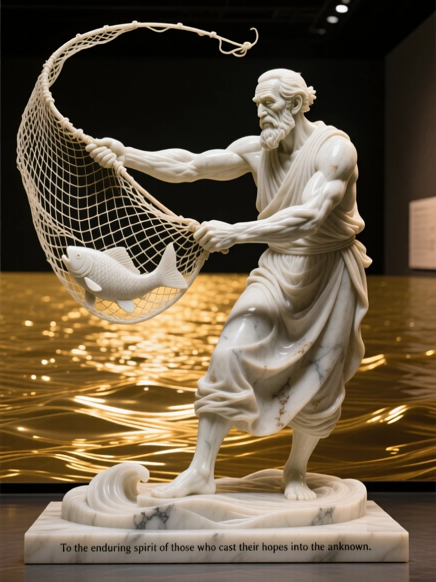 A vivid, emotionally rich scene of a fisherman casting his net into golden waters, captured with cinematic depth and detail, designed to captivate and inspire
