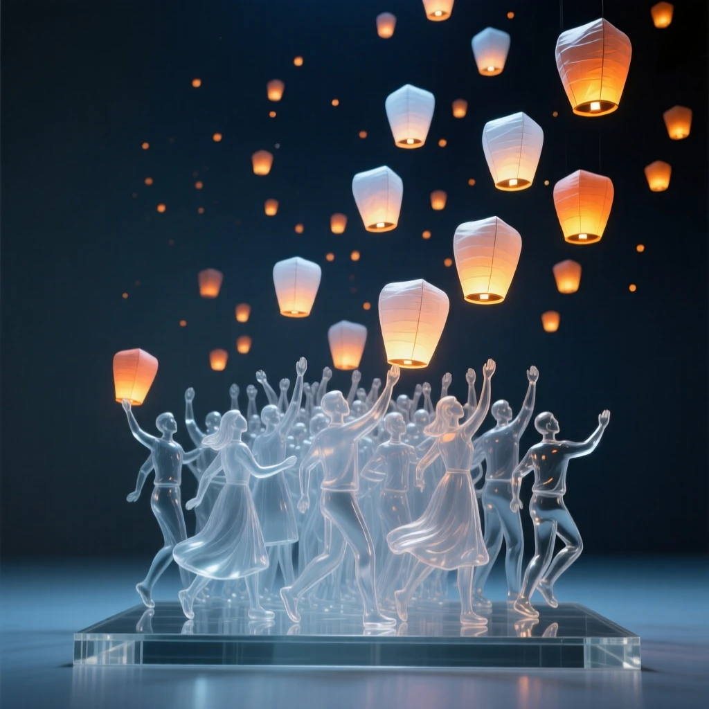 A crowd releasing hundreds of paper lanterns into the night sky while the whole street seems to move together in celebration