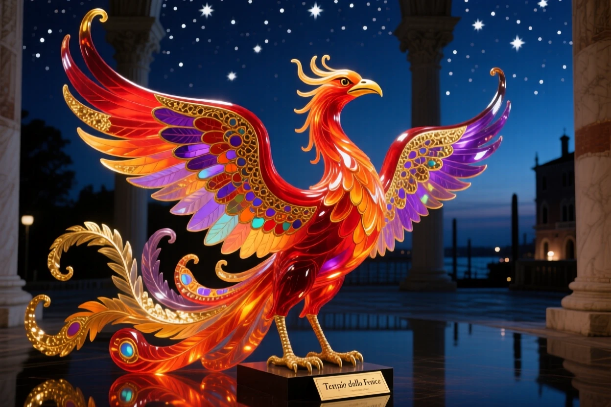 A grand phoenix statue glowing beneath a starlit temple courtyard at midnight, powerful and serene.