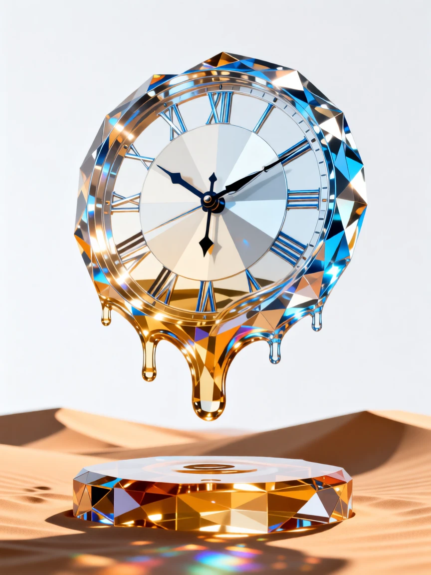 A surreal floating clock melting gracefully over a dreamlike desert landscape.