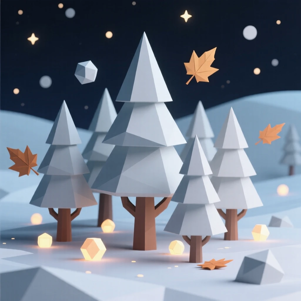 A snow-covered pine forest under twinkling stars, as autumn leaves drift through the air. warm glowing lights create a festive ambiance. The scene feels warm and celebratory.