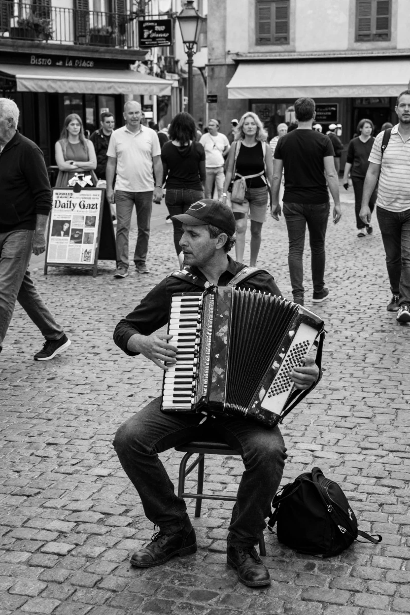 A busker plays an accordion for passing crowds on a cobblestone plaza.