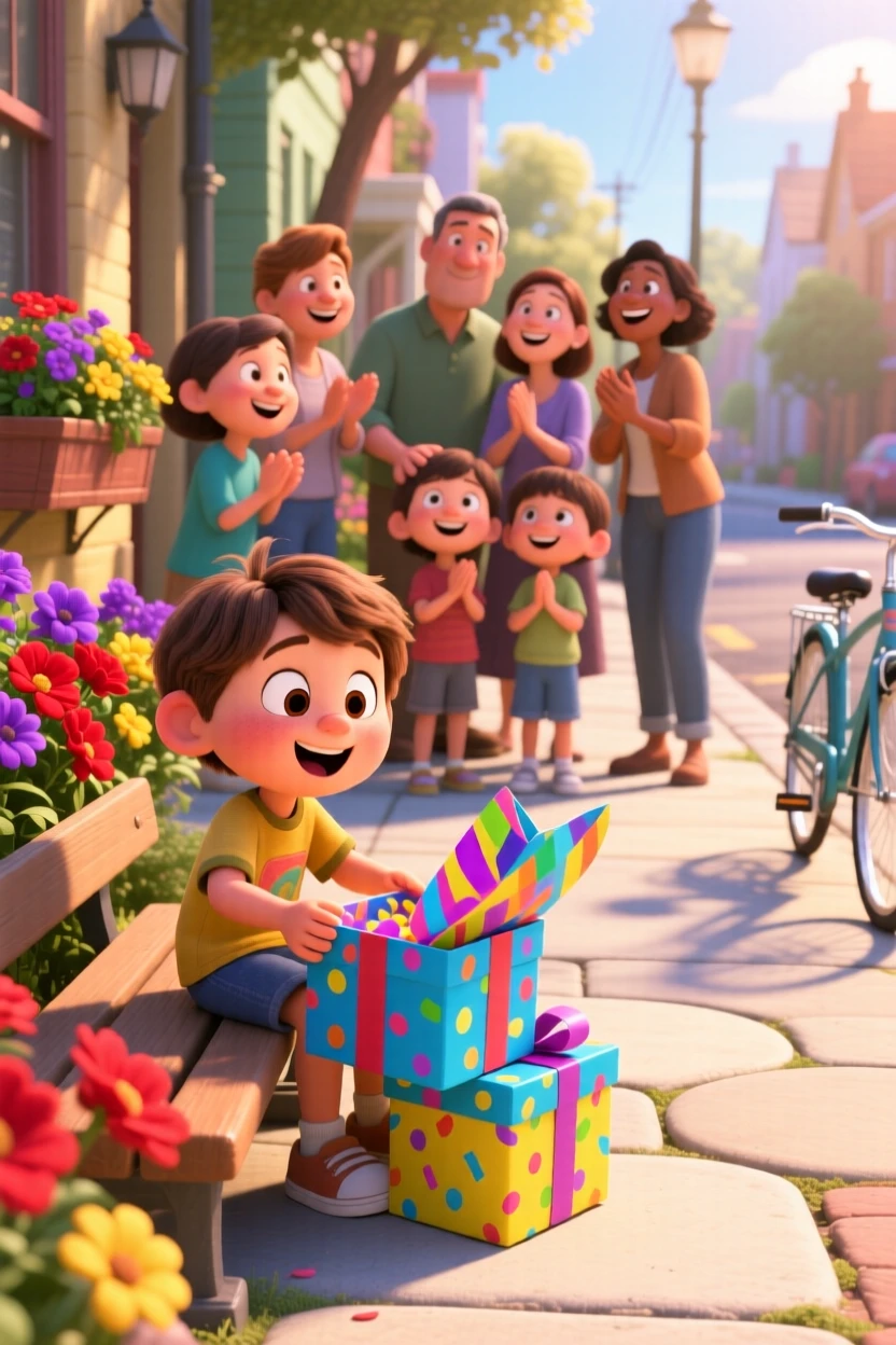 A child receiving a surprise birthday gift unfolds on a sunny sidewalk lined with flower boxes, with everyone's laughter filling the air. A wave of relief and celebration washes over everyone present.