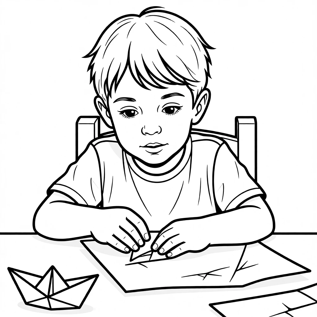 A child learning origami to fold a paper boat