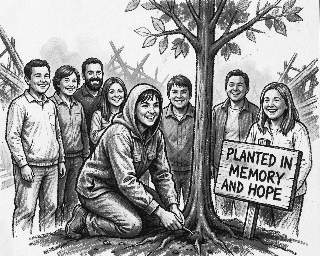 A survivor planting a tree at the site of a tragedy, looking forward, with everyone smiling and full of warmth.