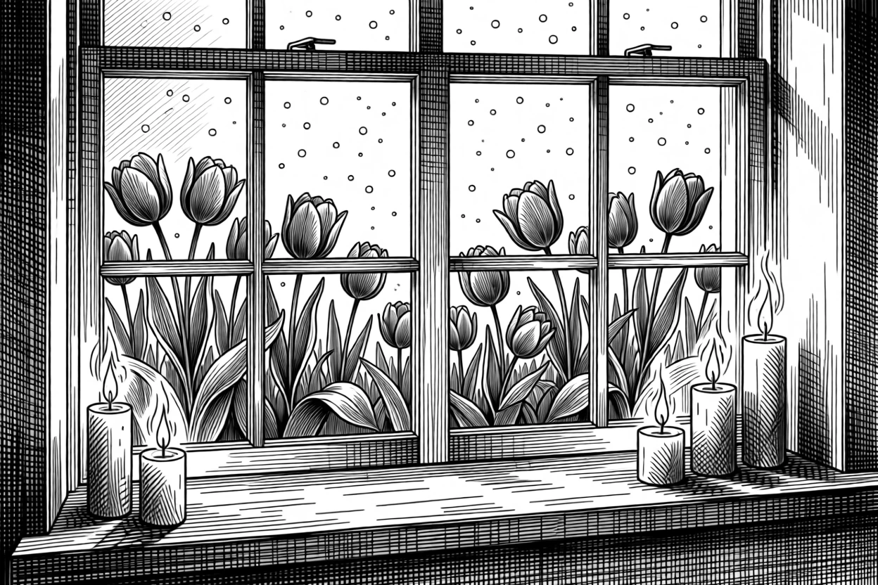 A spring garden bursting with blooming tulips as snow gently falls outside the window, with candles flickering gently in the breeze, capturing a richly comforting seasonal moment.