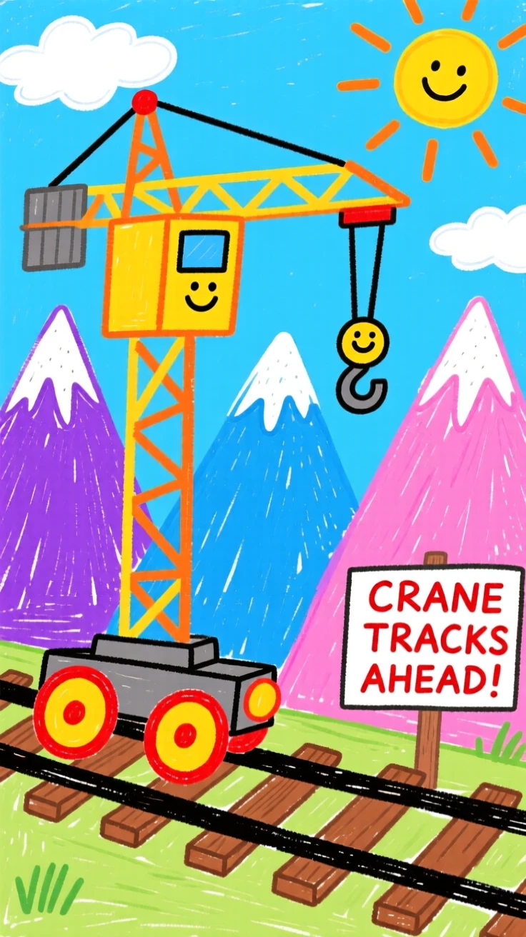 A bustling construction crane chugging along tracks beside a mountain range.