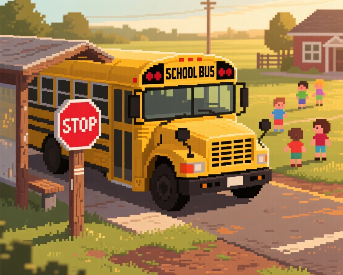 A school bus waiting at a countryside stop captured in the golden light of early morning, in a schoolyard during recess.