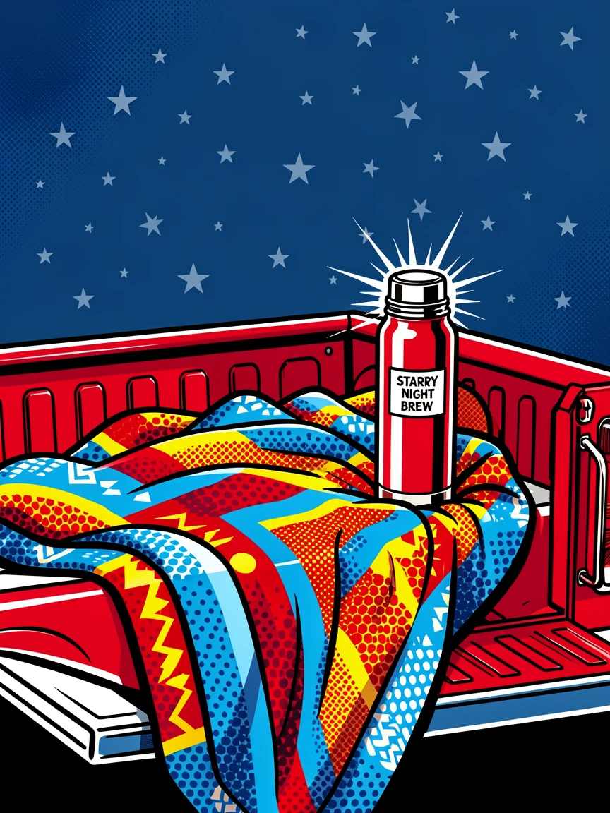 A cozy blanket and thermos set up for stargazing in a truck bed