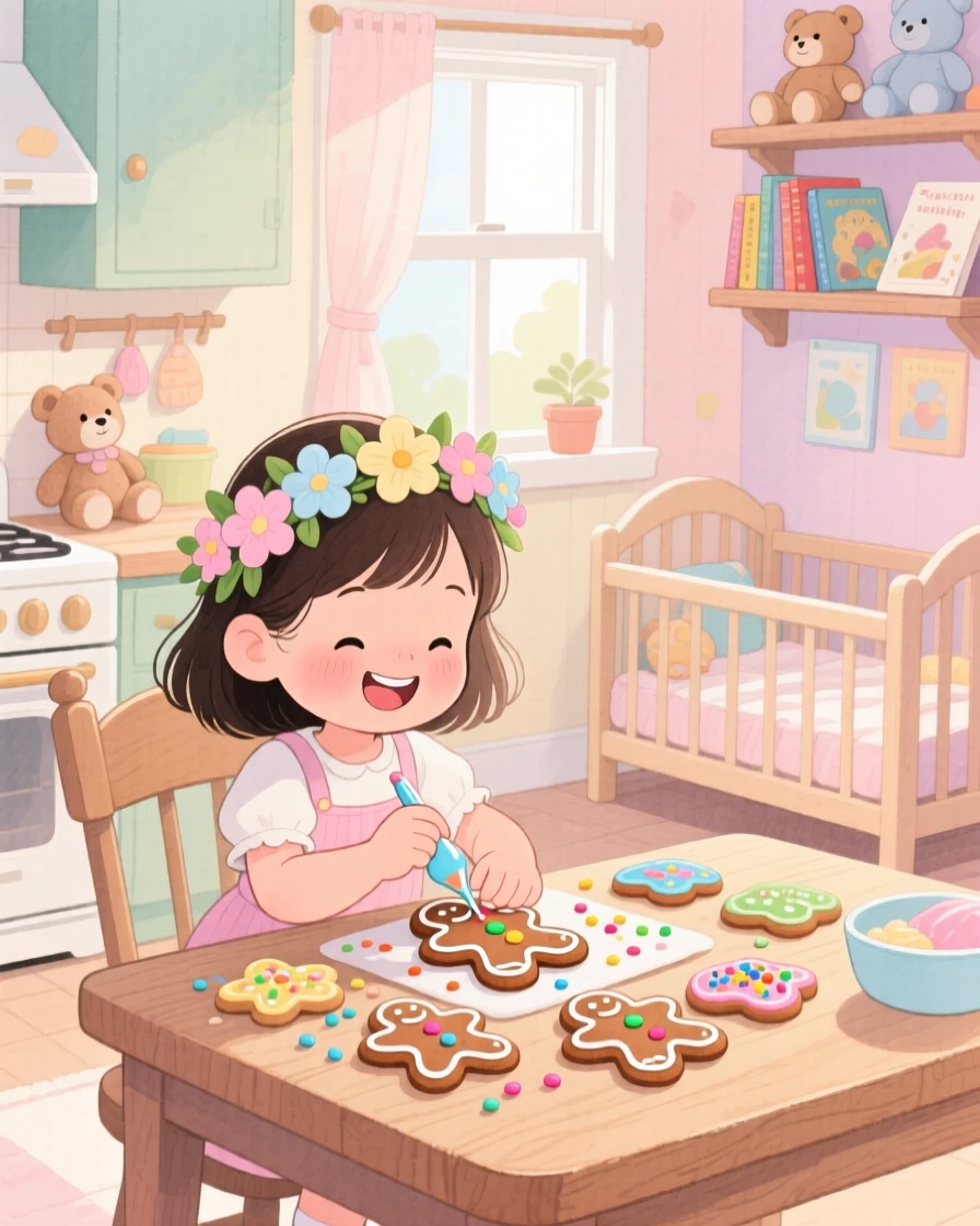 A girl with a flower crown decorating gingerbread cookies at the kitchen table, in a cozy nursery with soft pastel light, radiating sweetness and gentle curiosity.