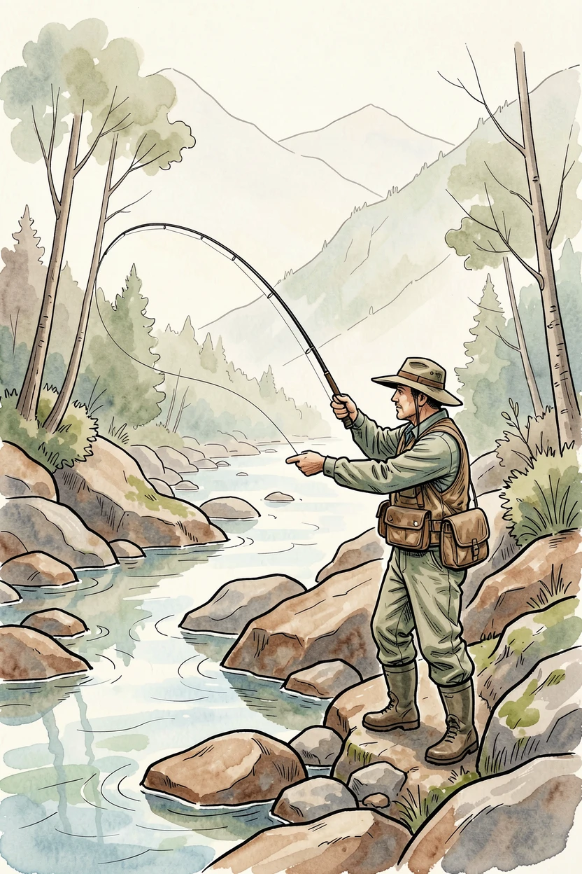 A fisherman fly-casting across a quiet mountain stream, a quiet sense of skill and patience throughout the scene.