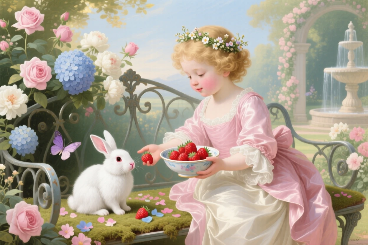 A child offering strawberries to a shy white rabbit  