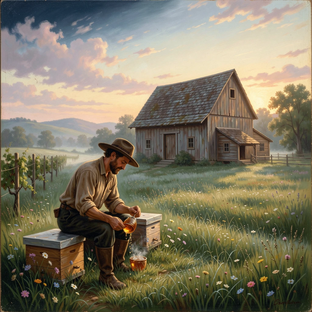 A vineyard worker gathers honey within a dew-covered meadow at dawn as the last light of day settles over the barn.