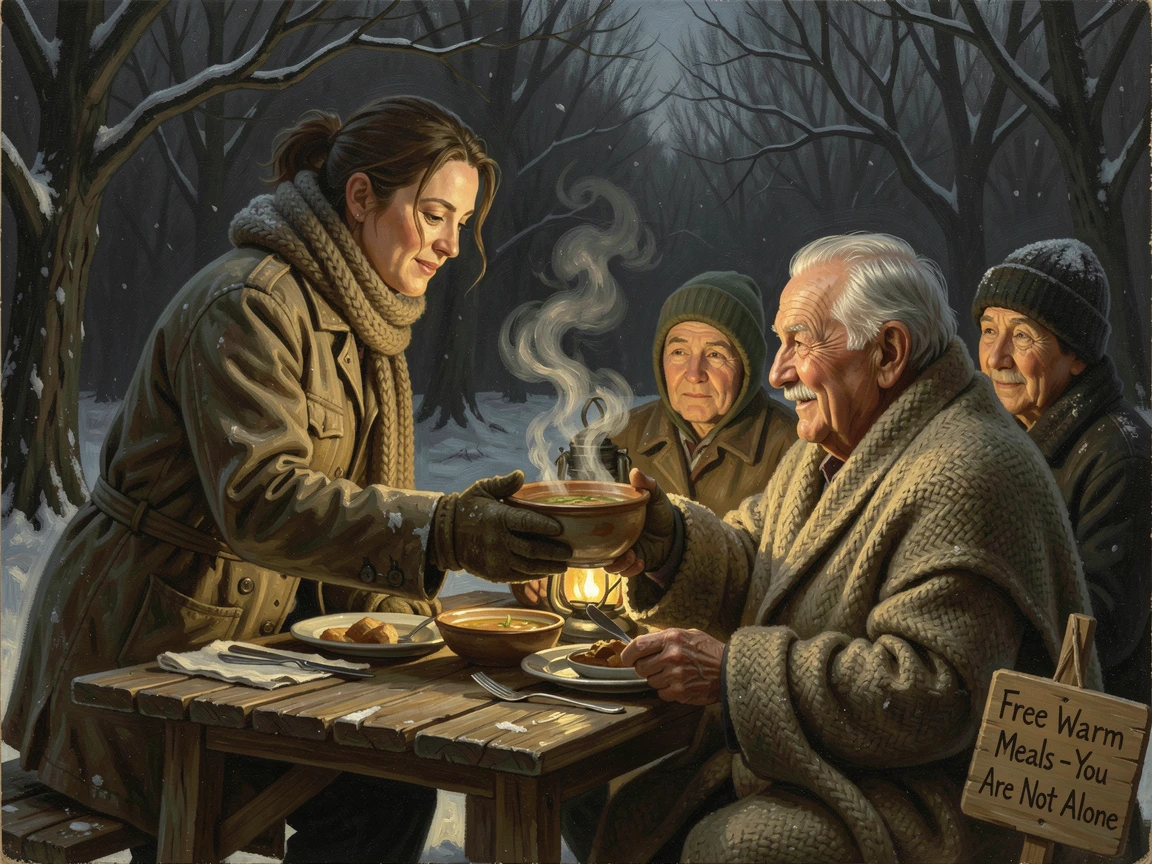 A volunteer serving warm meals to those in need on a cold winter night, as a single meaningful gesture captures the heart of the moment, designed to inspire and uplift anyone who views it