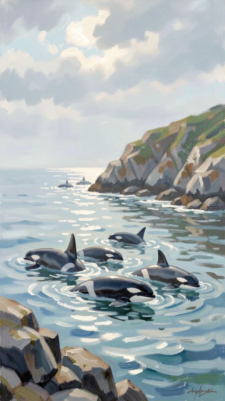 A pod of orcas swimming gracefully through icy blue waters near a rugged coastline, radiating joy and gentle celebration.