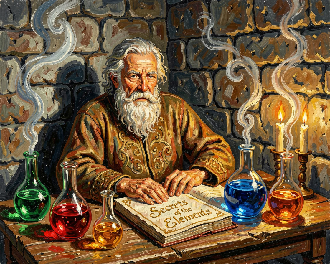 A wise old alchemist surrounded by bubbling potions in a dimly lit stone tower.