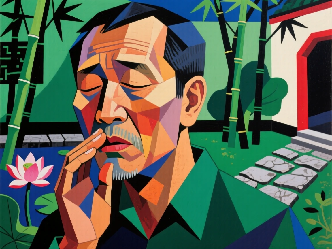 A close-up portrait of a middle-aged man of Vietnamese heritage, whispering a secret, in a quiet garden courtyard.
