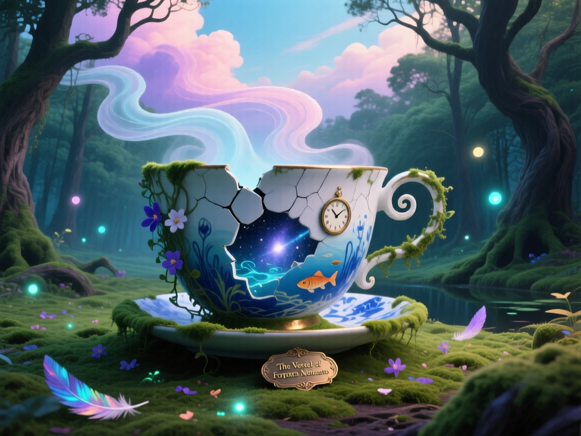 A giant teacup resting in the middle of a quiet forest clearing sits abandoned beneath a sky streaked with soft pastel clouds, as clouds drift slowly through gaps in its structure.