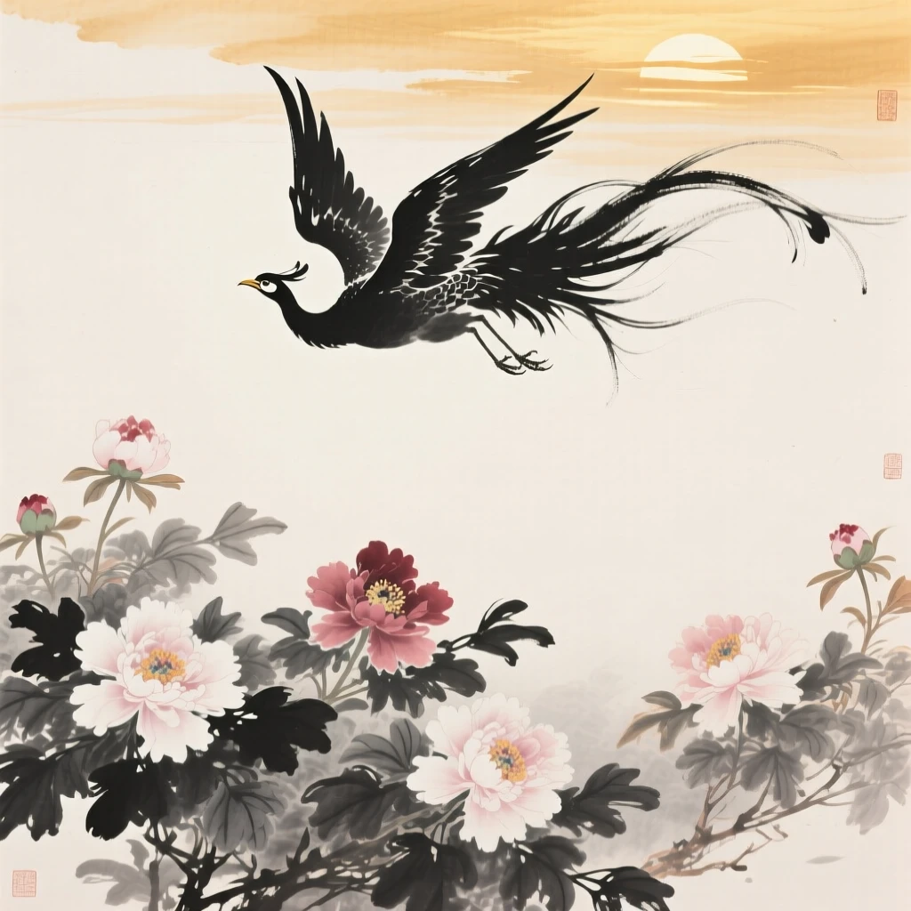 A phoenix soars above a garden filled with peonies in full bloom, as golden light spreads across the horizon.