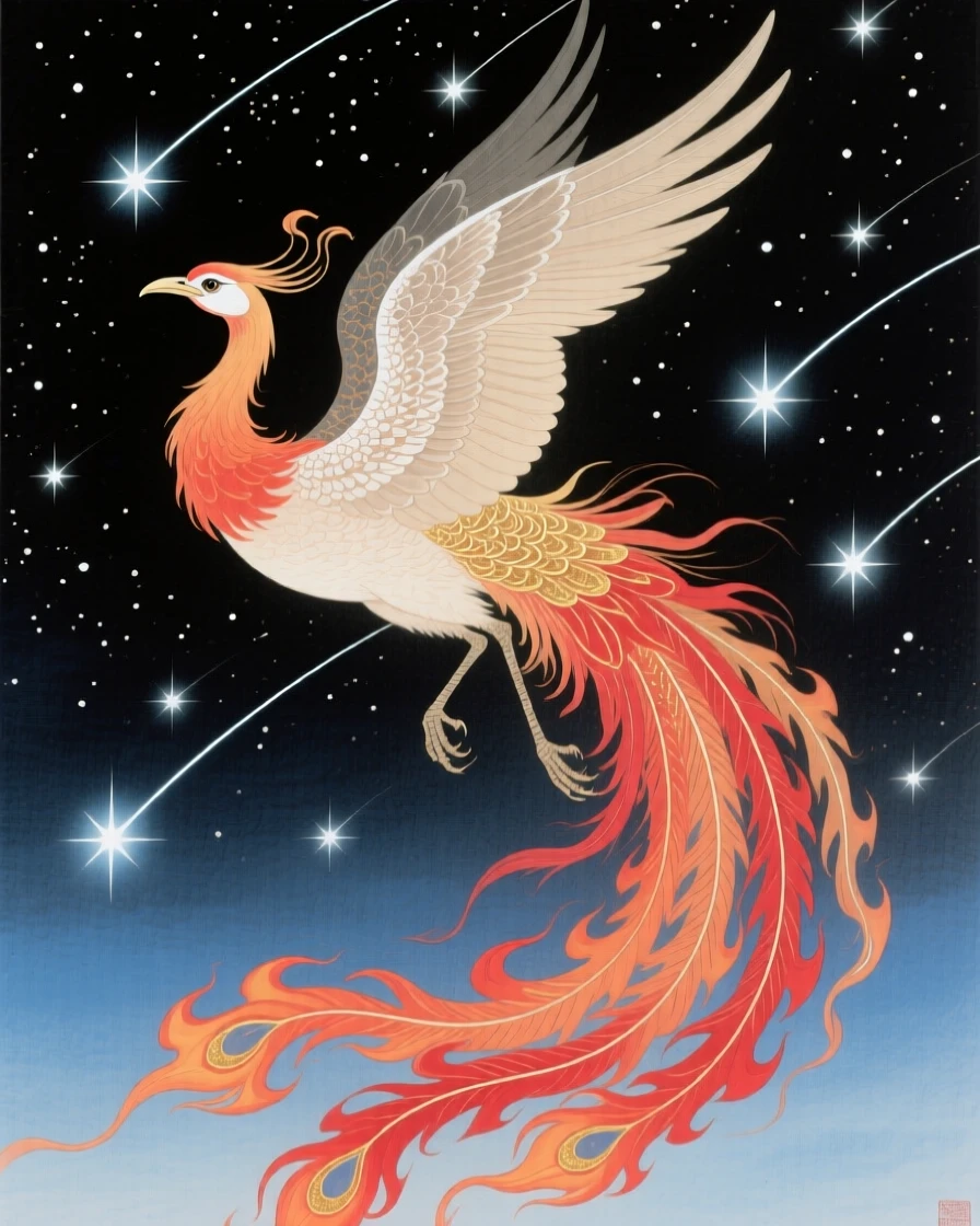 A phoenix with tail feathers like trailing flames beneath a sky filled with shooting stars