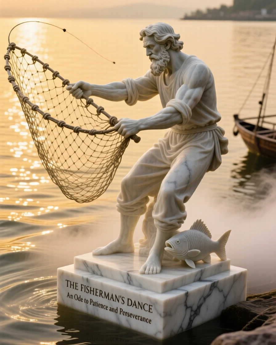 A beautifully composed image of a fisherman casting his net into golden waters, captured with cinematic depth and detail, full of atmosphere and visual storytelling