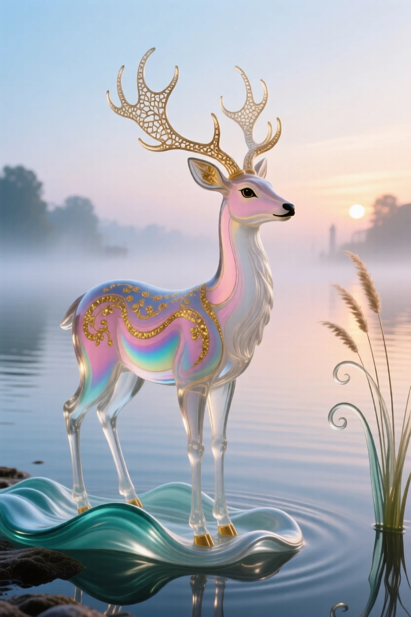 A lone deer standing at the edge of a misty lake at first light, tranquil and watchful.