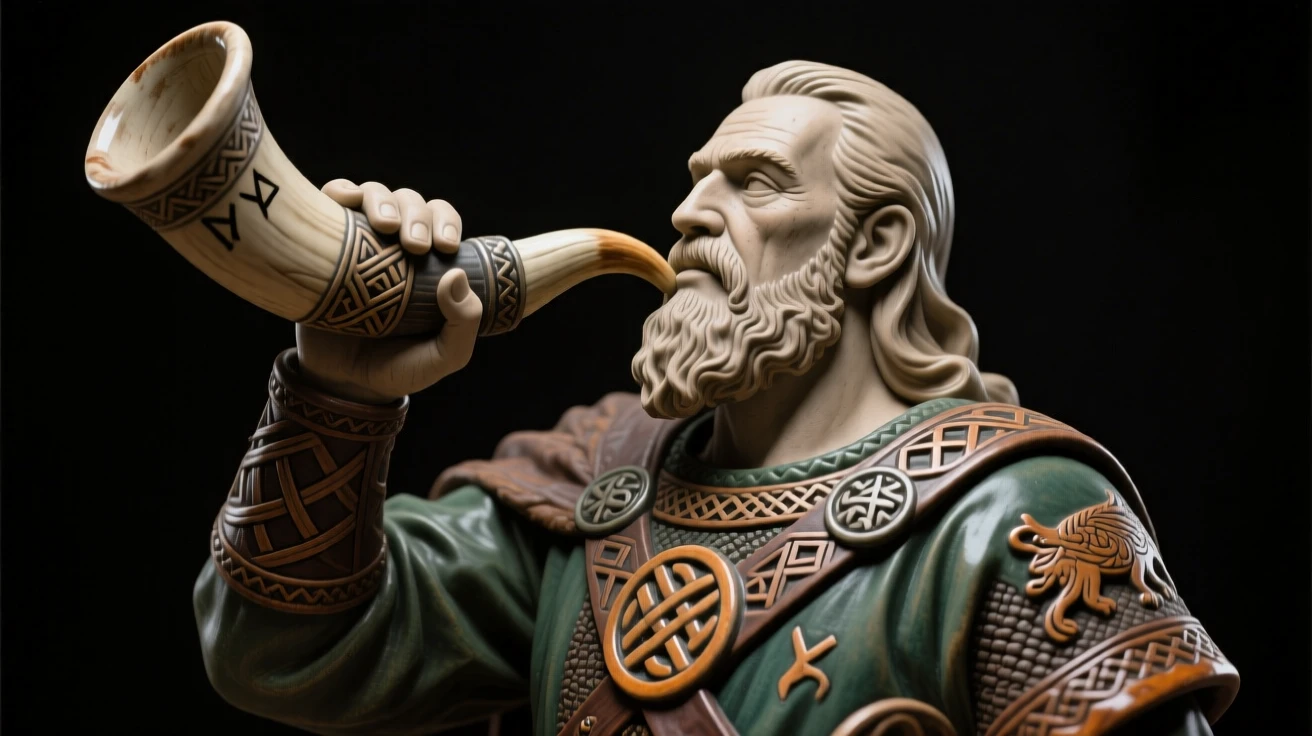 A Viking chieftain raising his horn in toast frozen in a moment of ancient ritual, adorned with intricate traditional patterns, evoking reverence for ancient tradition.