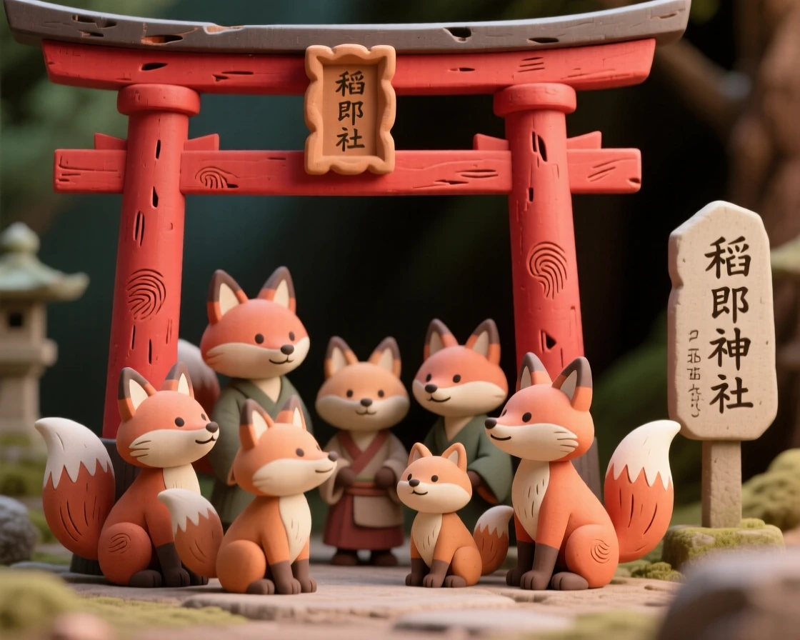 Inari's fox messengers gathering beneath red torii gates