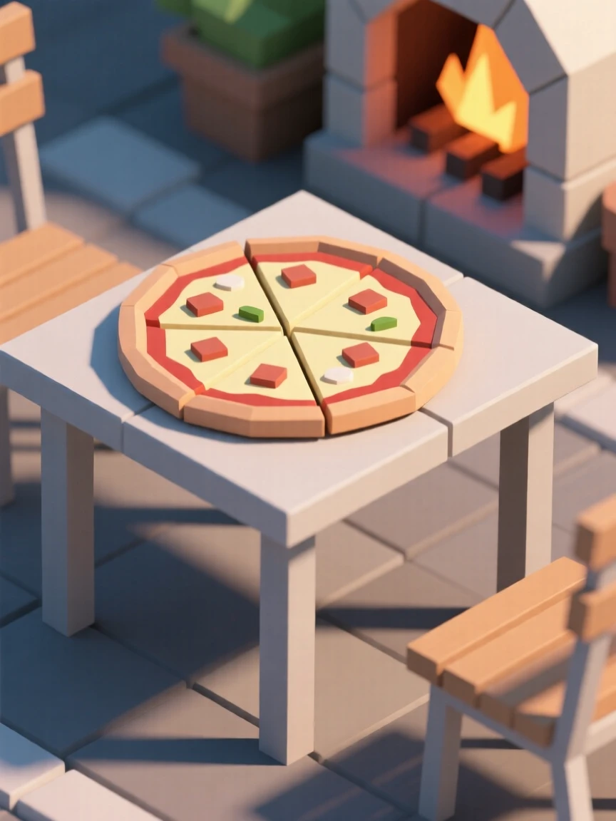 A wood-fired pizza fresh from the oven, at an outdoor café table. vibrant colors are enhanced by careful arrangement. It captures a simple, joyful moment.