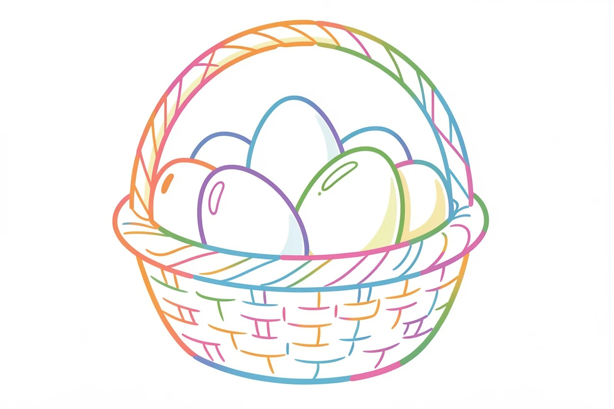A display of hand-painted eggs arranged in a decorative basket.