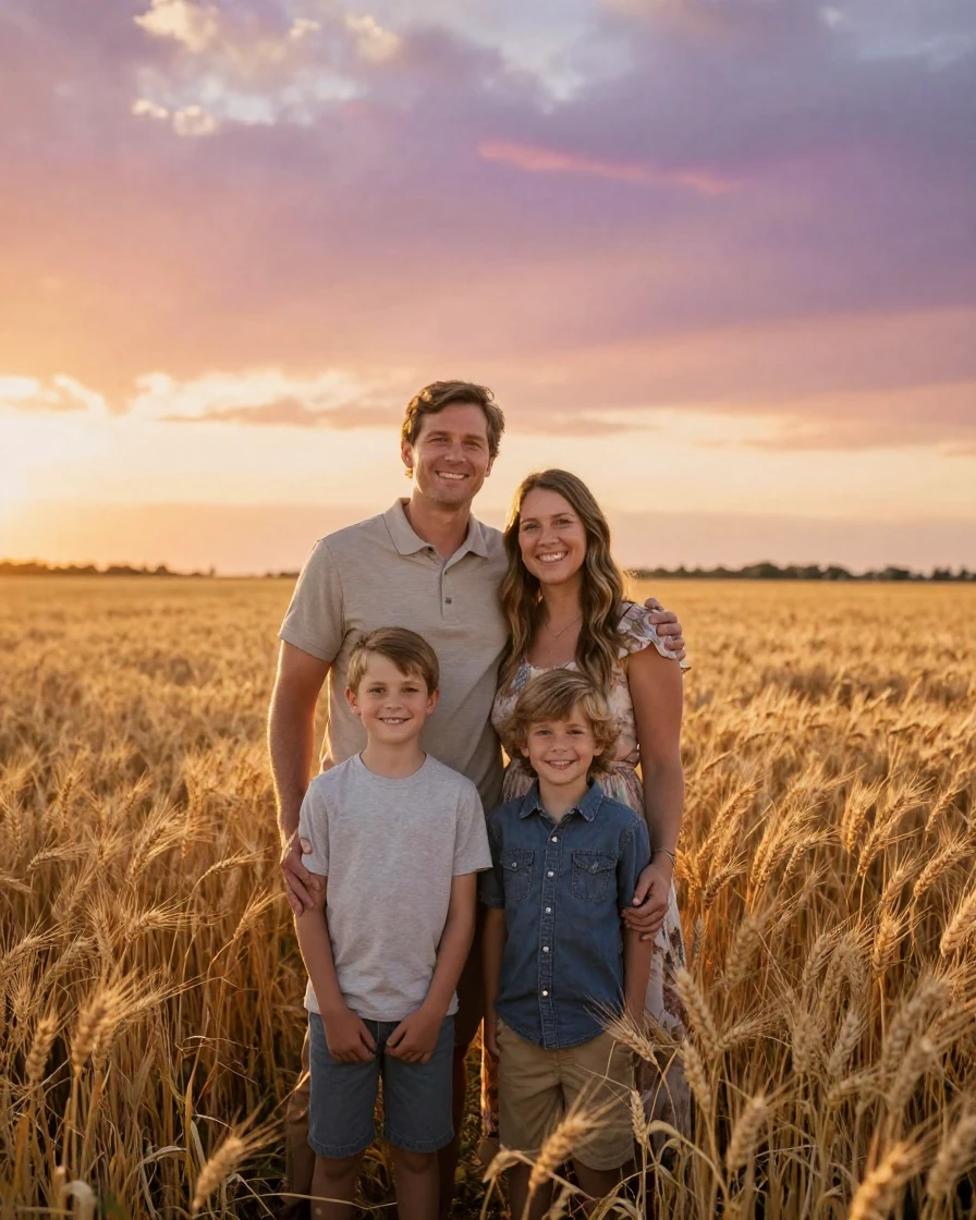 A family portrait taken in a golden wheat field at sunset