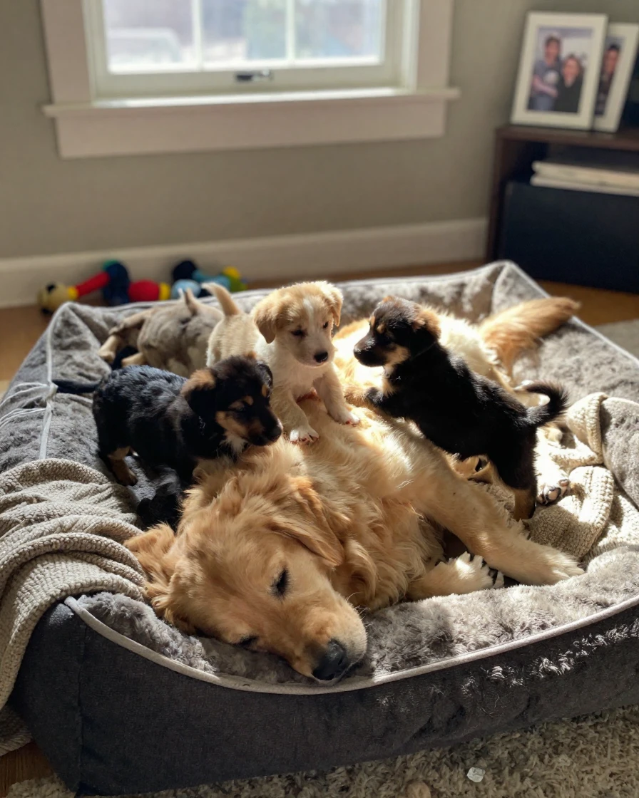 A litter of puppies climbs over a sleeping dog, using it as a jungle gym.