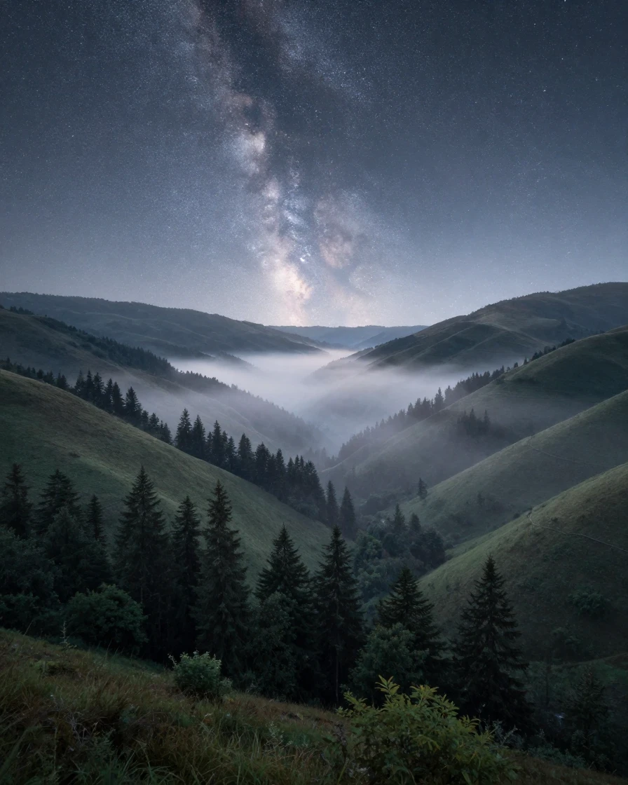 A hidden valley cloaked in morning mist under a sky full of stars