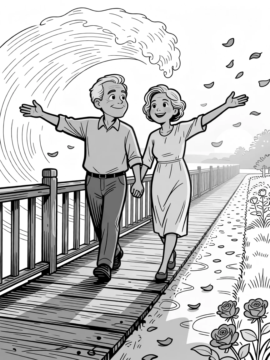 An elderly couple holding hands on a long walk, throwing both arms wide to act out the biggest wave, set on a creaky porch at golden hour. Rose petals drift gently onto the garden path. It captures the quiet joy of passing traditions down.