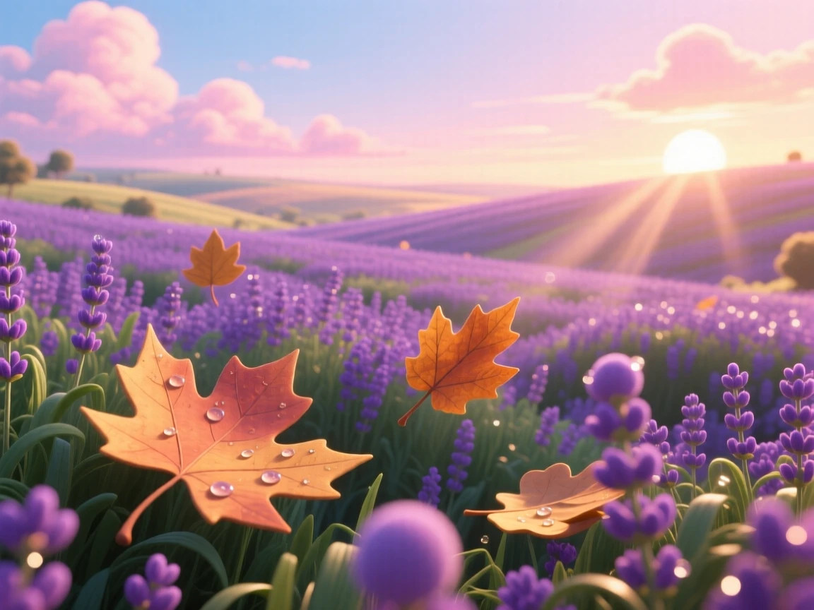 A lavender field stretching to the horizon glows as the first light of dawn spills over the horizon, with fallen leaves drifting slowly on the breeze. The atmosphere feels fresh, alive, and untouched.