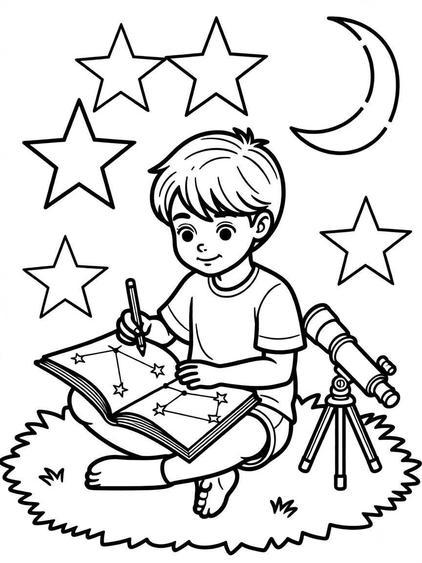 A young stargazer charting constellations in a notebook