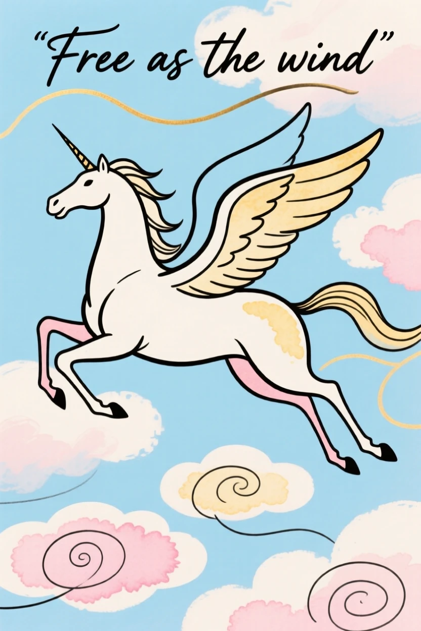 A pegasus flying through clouds