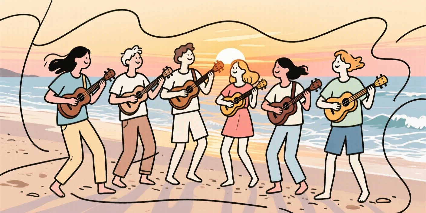 A group of ukulele players strumming together on a beach at sunset.