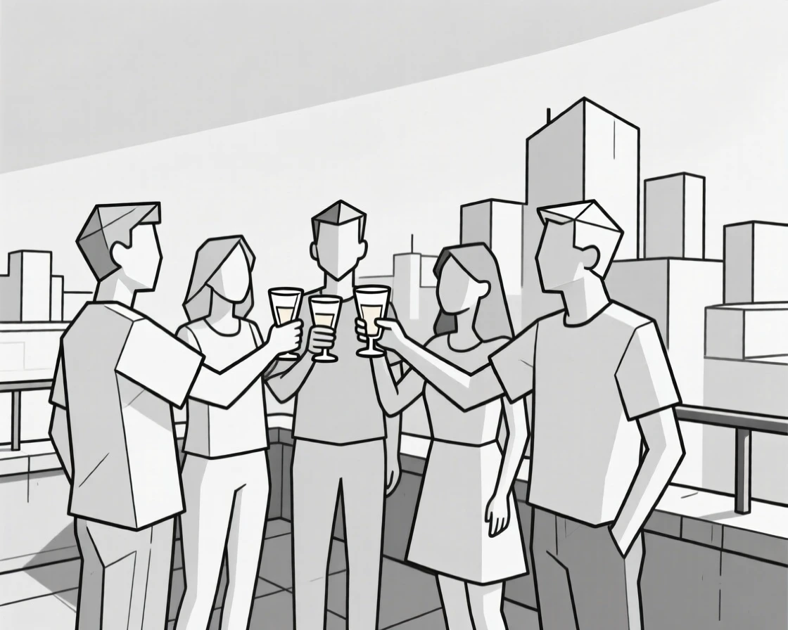 A group of friends toasting drinks at a rooftop gathering