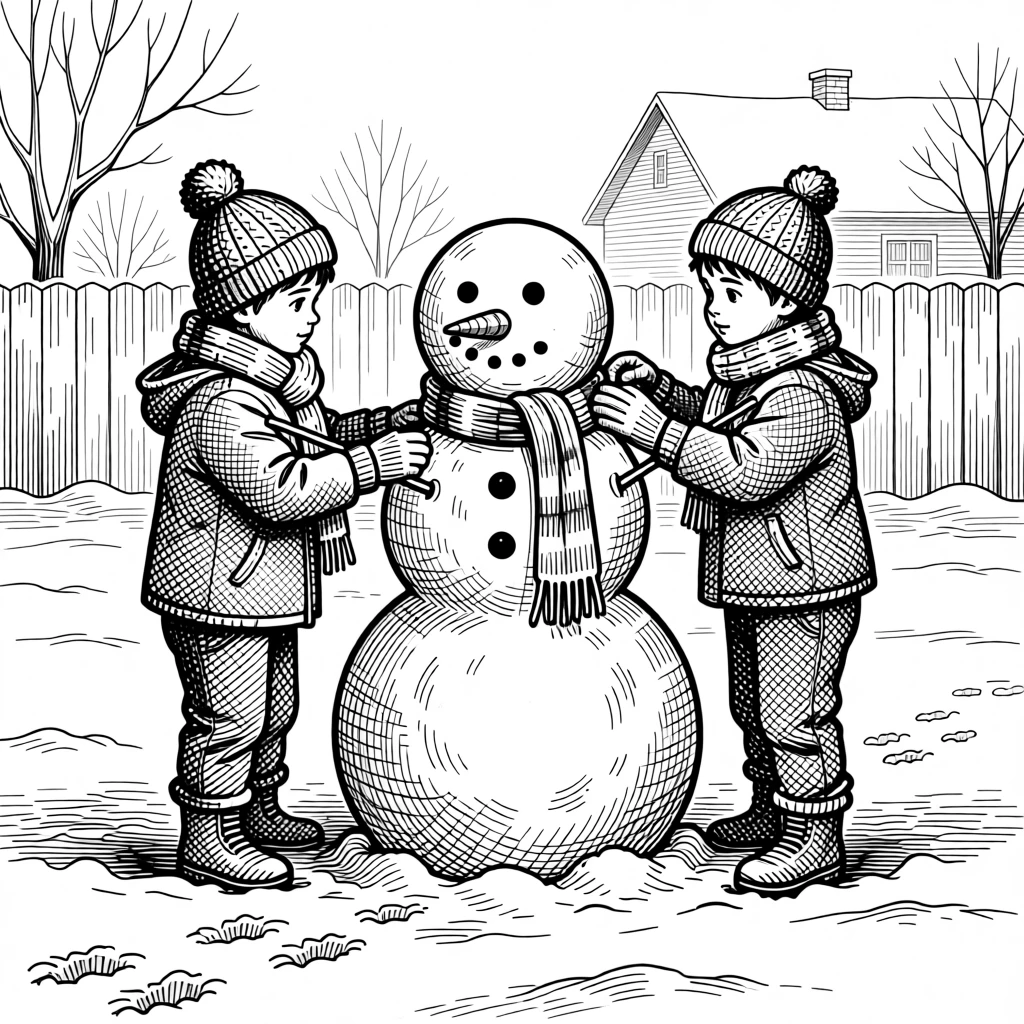 Children building a snowman in a quiet yard as morning frost coats the ground, with footprints trailing through fresh snow, capturing a peacefully magical seasonal moment.