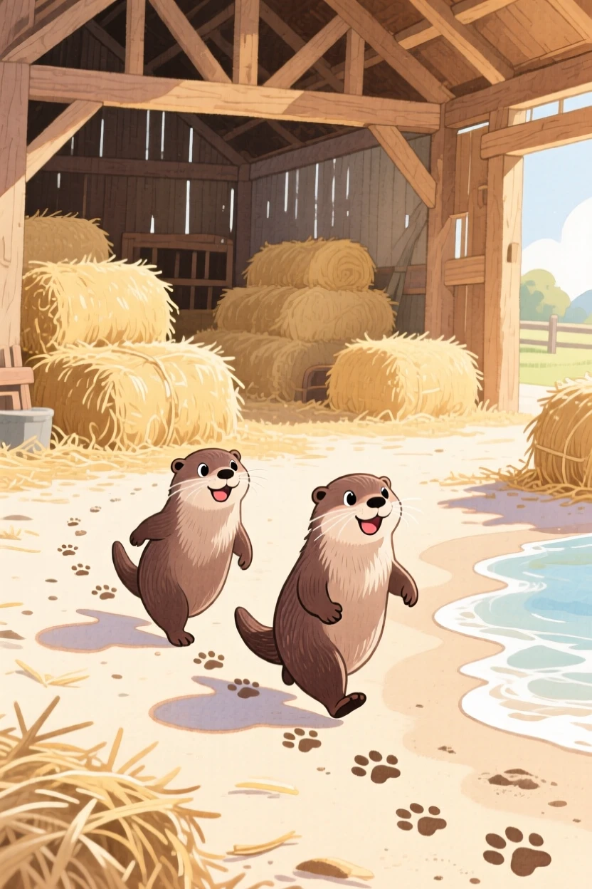 A pair of otters following a trail of paw prints across a beach, set in a rustic barn filled with soft hay, radiating pure innocent joy.