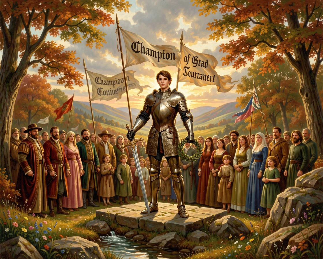 A young hero stands before a crowd, having won a great tournament.