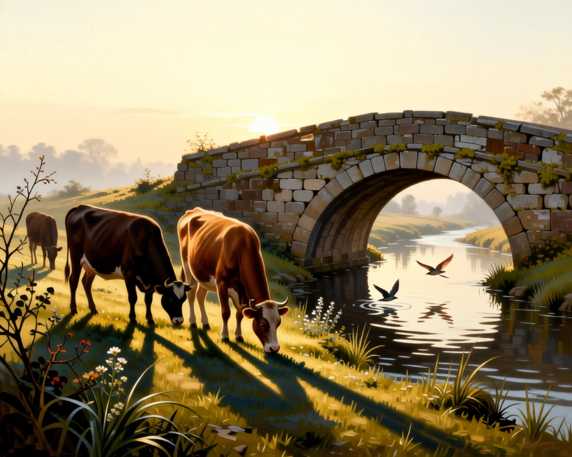 A peaceful countryside with grazing cattle beside a rustic stone bridge holding the hush of early morning before the world awakens, set far from any signs of human presence, with birds gliding low over the water and long shadows stretching across the grass; foreground detail frames a sweeping, luminous background, capturing a fleeting, golden moment worth preserving forever.